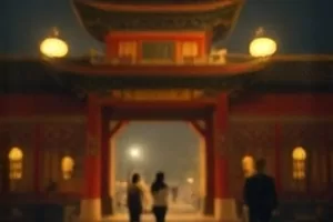 长片《老街的灯》封面，入夜后老街两侧依次点亮的檐下灯